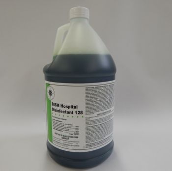 clear jug filled with dark green liquid, white label with green stripe - BISM HOSPITAL DISINFECTANT 128
